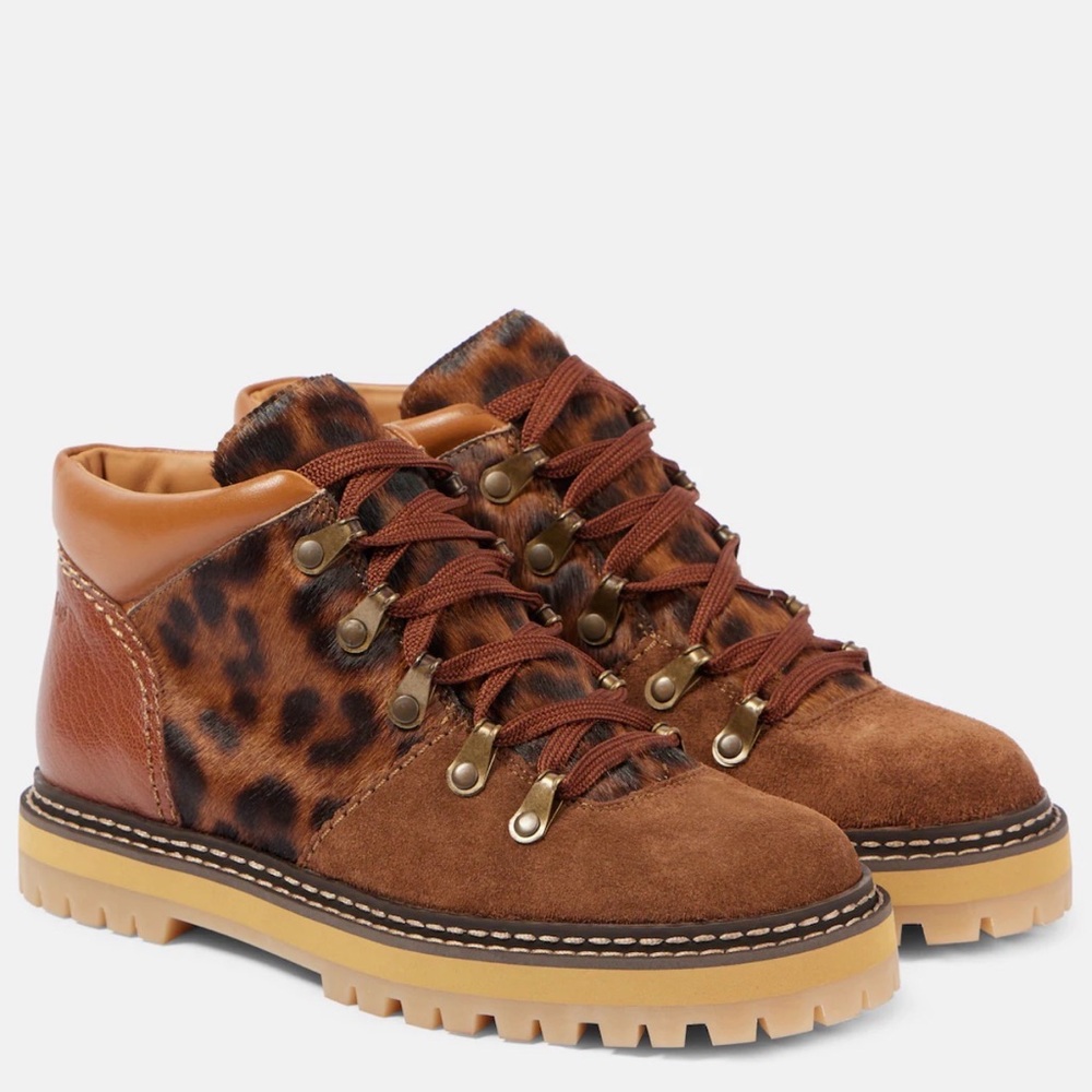 NWOB See By Chloe NIB Eileen Leather Hiking Boots 38/8 LEOPARD CALFHAIR Suede